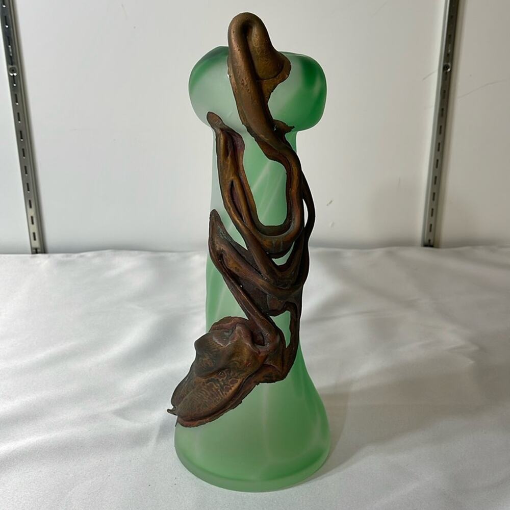 Handmade Blown Glass Vase Bulb Green  3D Metal  Engraved
